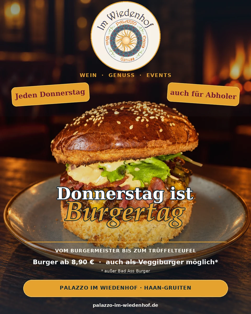 Donnerstag ist Burgertag im Palazzo – jeden Donnerstag, auch für Abholer, Burger ab 8,90 Euro